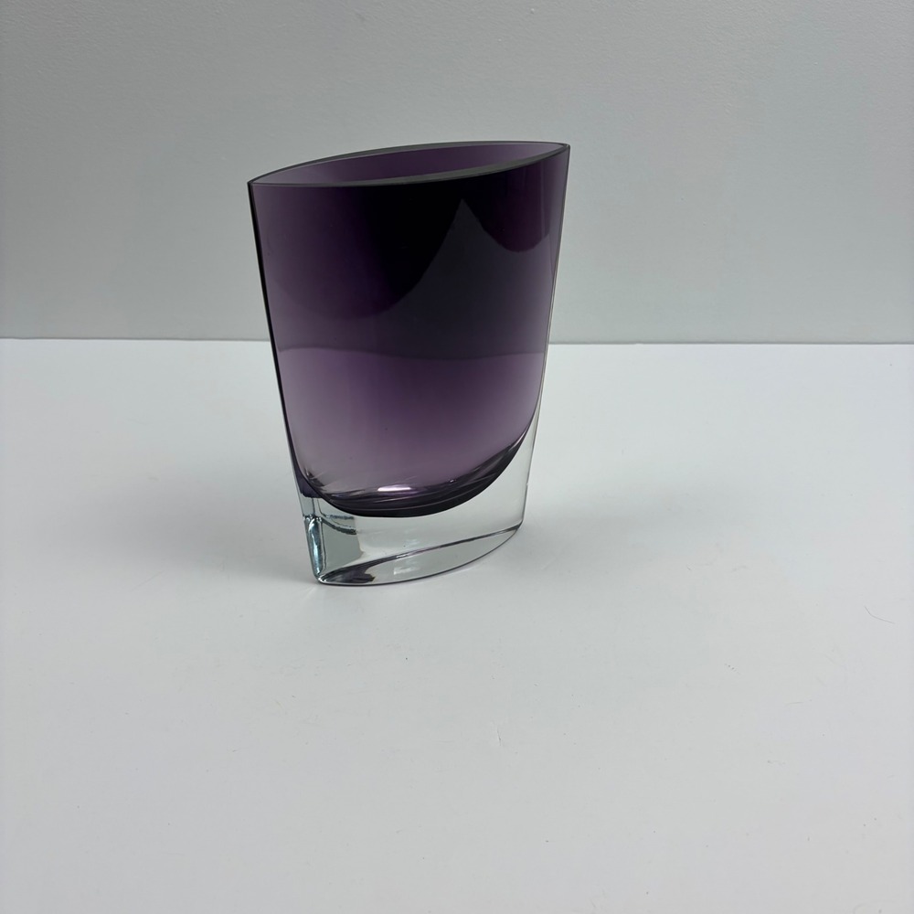 Hand Blown Purple Glass Vase Heavy Clear Base Oval Mouth 8 Inch Art Glass